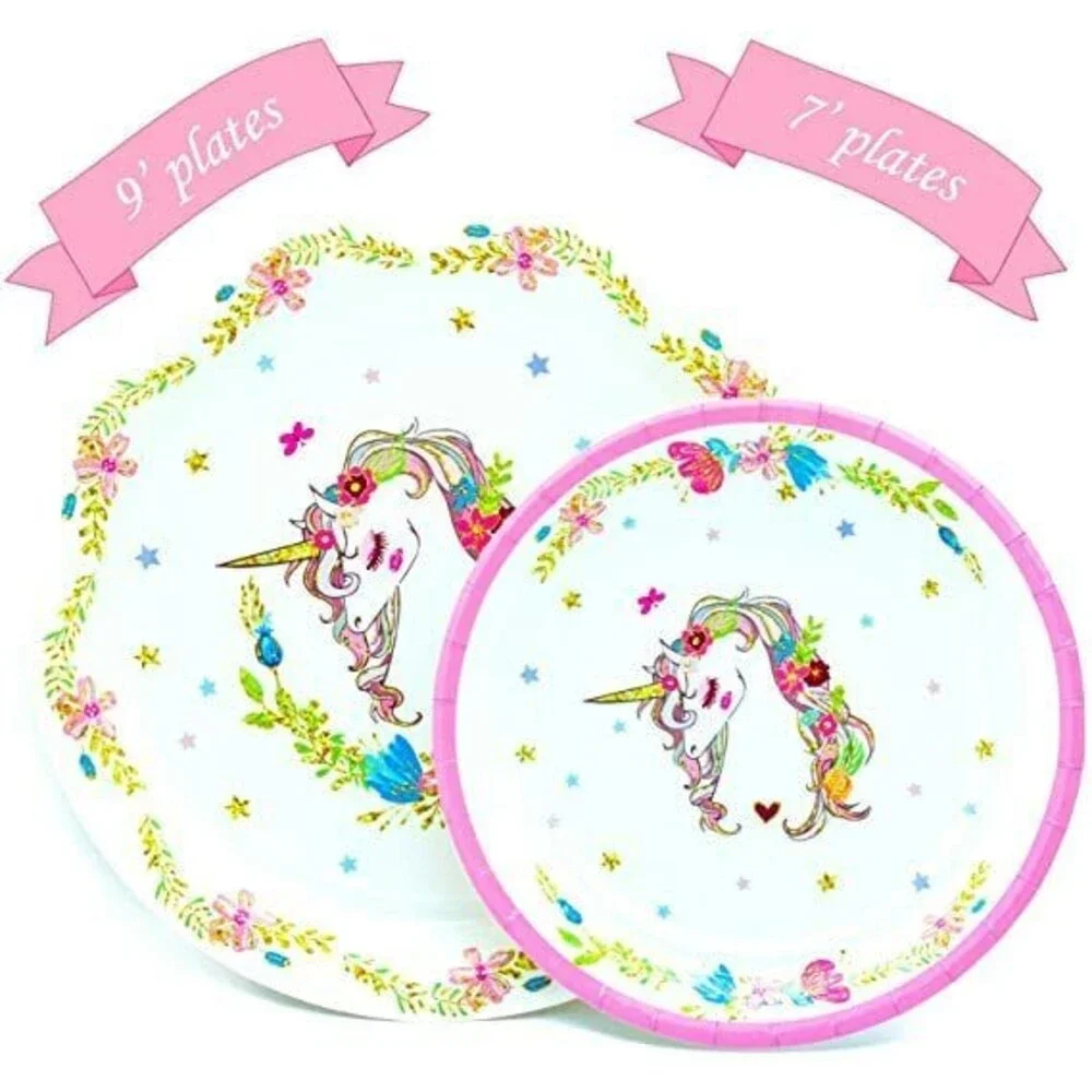 Unicorn Themed Birthday Party Plates Supplies Serve 16 Guest - 130 Pieces